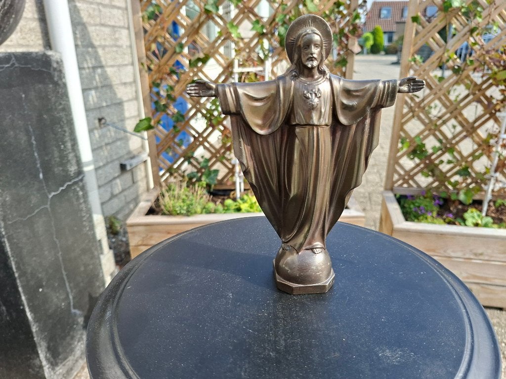 antiek bronzen heilig hart beeld van jezus handgemaakt, Antiek en Kunst, Ophalen of Verzenden, Brons