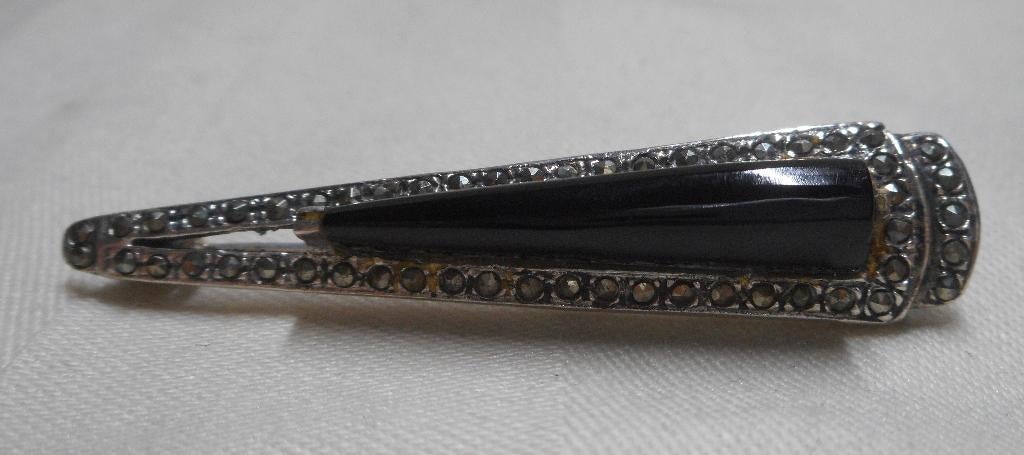 Zilveren antieke broche met onyx en markasiet nr.1750, 4 tot 7 cm, Verzenden, Zo goed als nieuw, Zilver