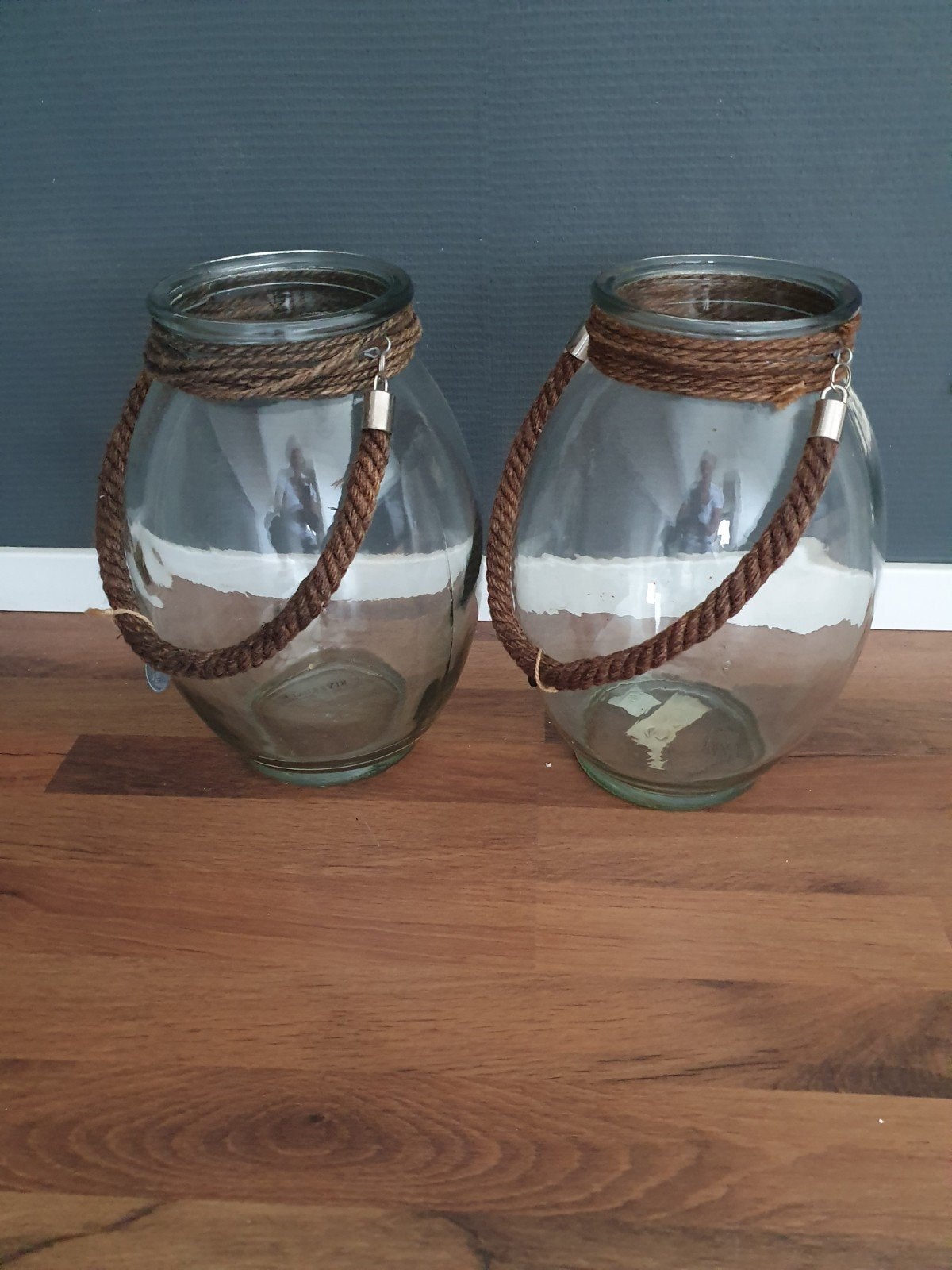 Riverdale glazen windlichten met touw (set van 2), Ophalen of Verzenden, Zo goed als nieuw, Glas, Landelijk