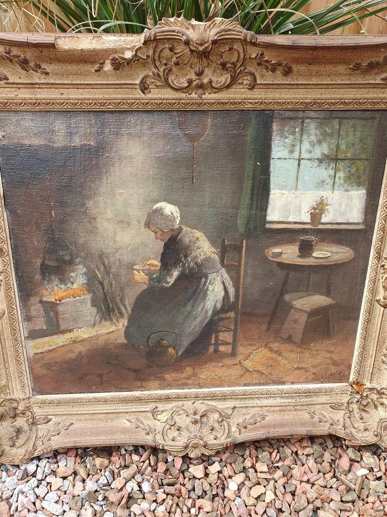 Oud schilderij van vrouw bij haardvuur, Antiek en Kunst, Ophalen of Verzenden