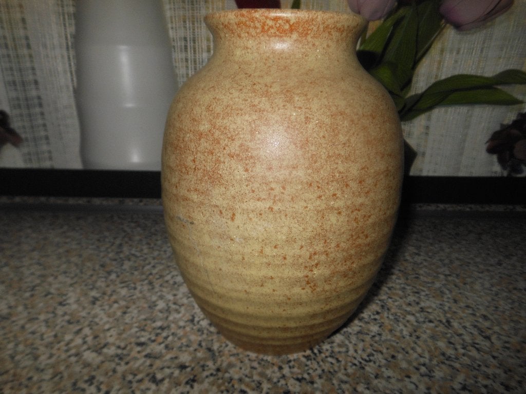2x Vintage Aardewerk Bloempot/Vaas - Beige/Bruin Gespikkeld, Tuin en Terras, Ophalen, Gebruikt, Rond, Binnen