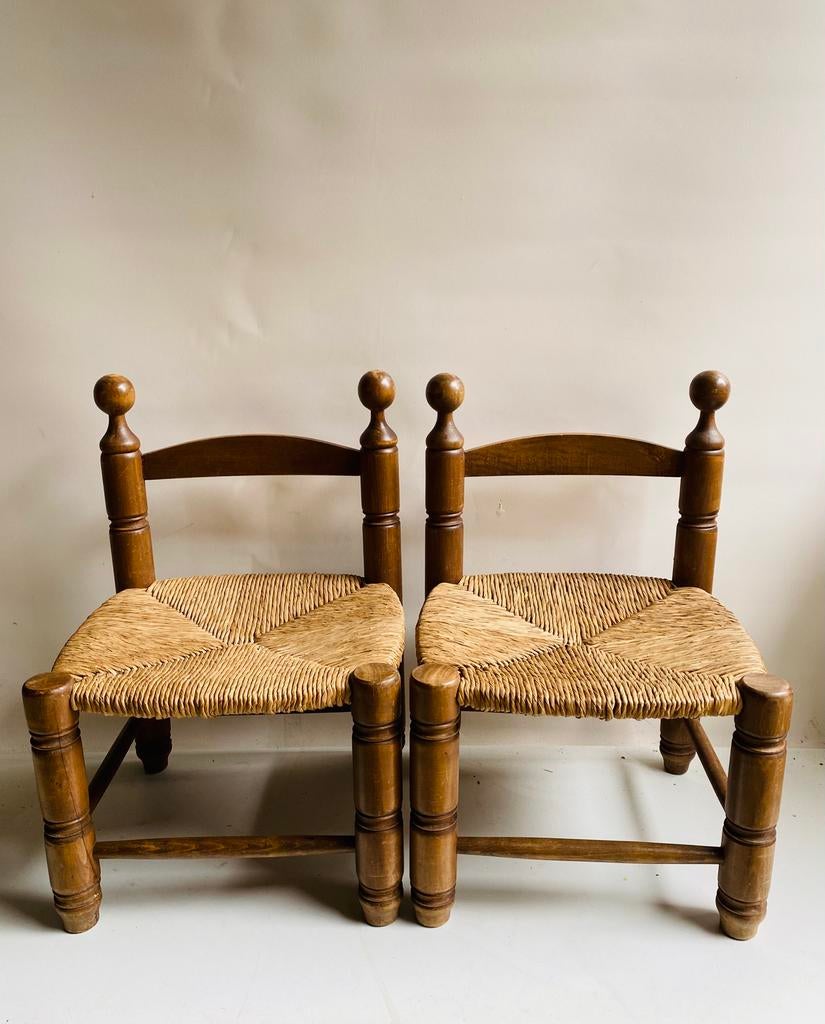 Lage houten openhaard stoelen, rieten zitting, Dudouyt stijl, Twee, Bruin, Onbekend, Onbekend