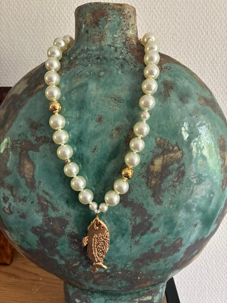 EM HISTORY BEADS parelketting met gouden vis 46 cm kang, Wit, Nieuw, Ophalen of Verzenden, Overige materialen