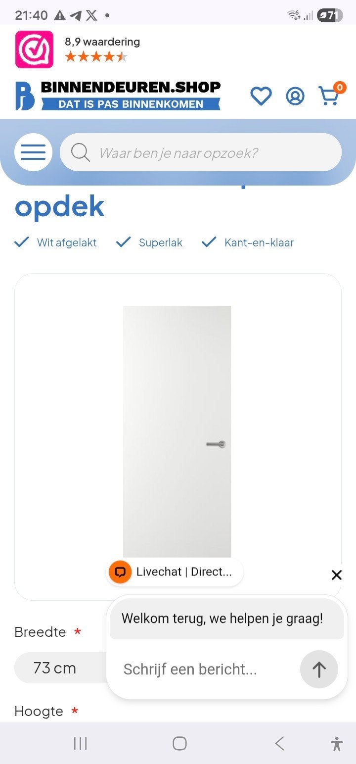 Svedex Binnendeur Alpine White 73x211,5 Nieuw Rechts, Doe-het-zelf en Verbouw, Deuren en Horren, Minder dan 80 cm, Binnendeur
