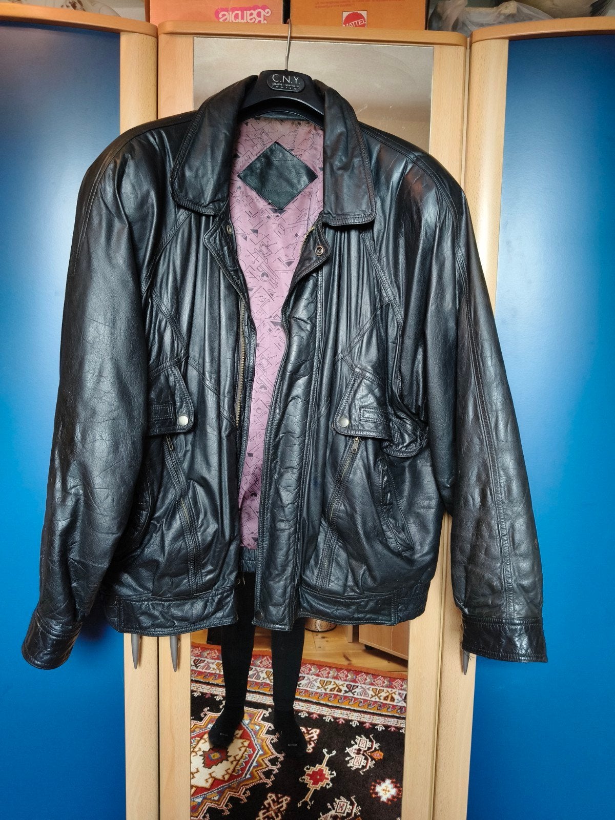 Zwart leren jas, vintage, met beschadigde voering, Onbekend, Zwart, Overige maten, Ophalen of Verzenden