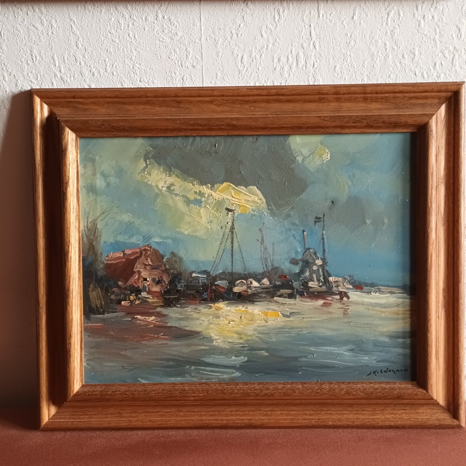 Jan Kelderman, olieverf op doek, Hollands landschap met boot, Antiek en Kunst, Ophalen of Verzenden