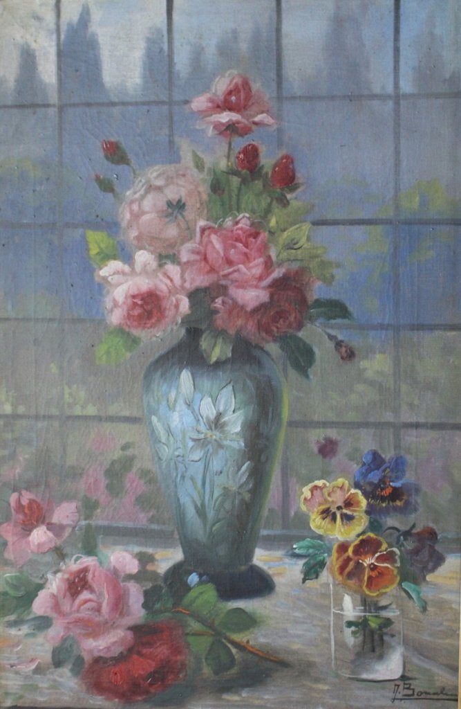 Fraai bloemstilleven, gesigneerd, J. Bonalini 1893 – 1965., Antiek en Kunst, Doek, Olieverf, Klassiek, Ophalen