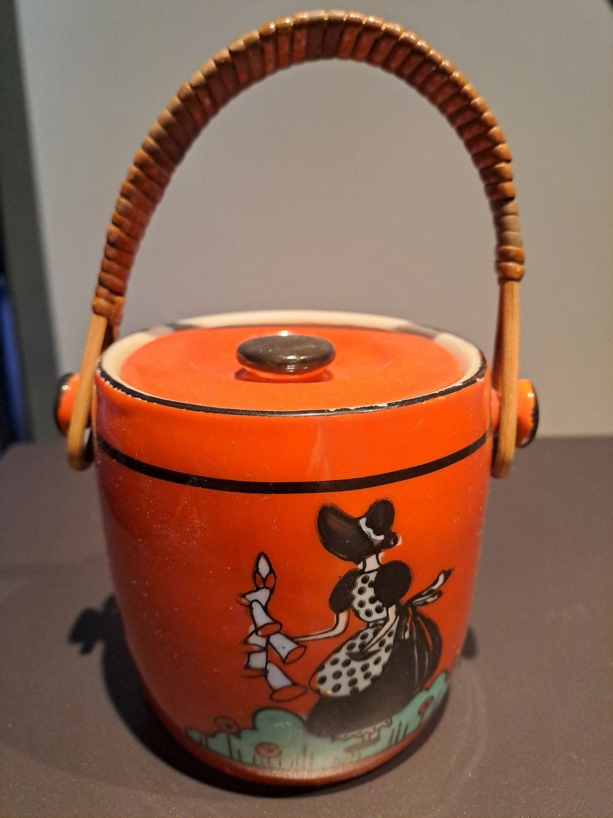 Vintage Oranje bakje met deksel met Riet Handvat, Ophalen of Verzenden