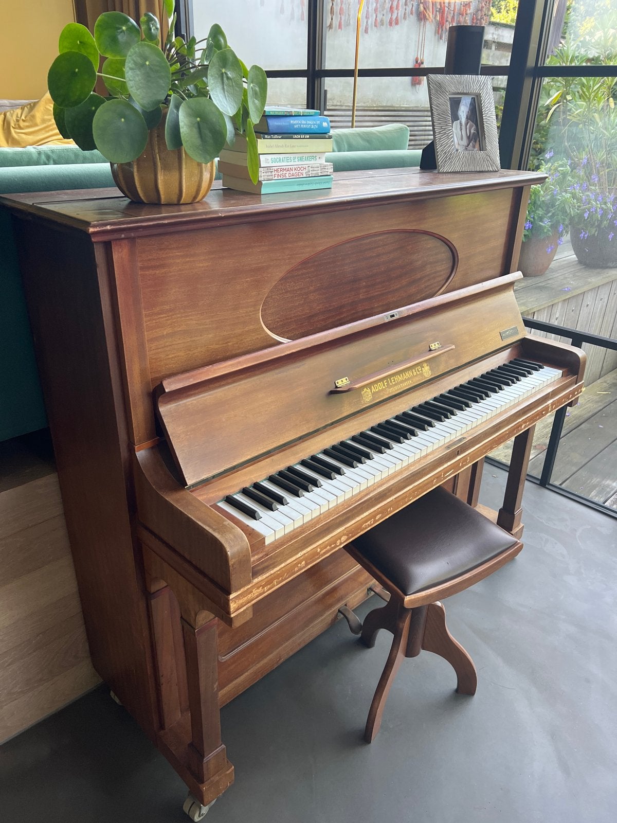 Antieke Adolf Lehmann & Co Piano met kruk, Ophalen, Gebruikt, Bruin, Piano