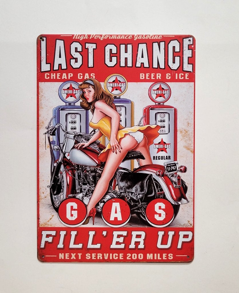 Last chance pinup benzinepomp reclamebord van metaal deco, Info@deconoord.nl, Deco Noord, Nieuw, Ophalen of Verzenden