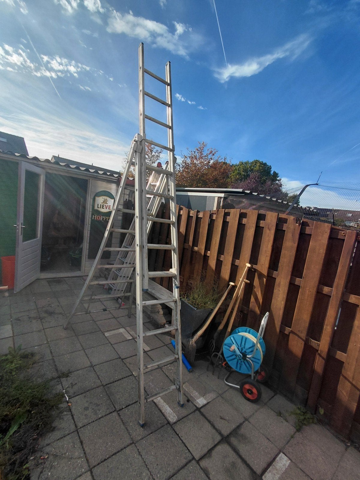 Aluminium 3x9 schuif- & A-ladder – €100, Doe-het-zelf en Verbouw, Ophalen, Gebruikt, 4 meter of meer