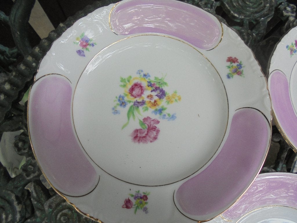 6 Ontbijtbordjes bloemboeketjes met roze roos en roze rand, Ophalen of Verzenden