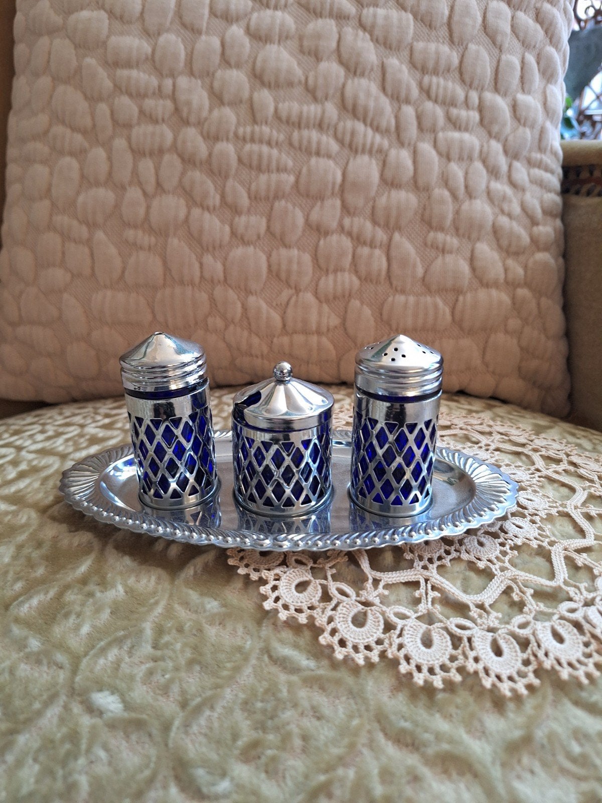 Peper Zout & Mosterd Setje Kobalt Blauw Glas ** Mimosa **, Ophalen of Verzenden