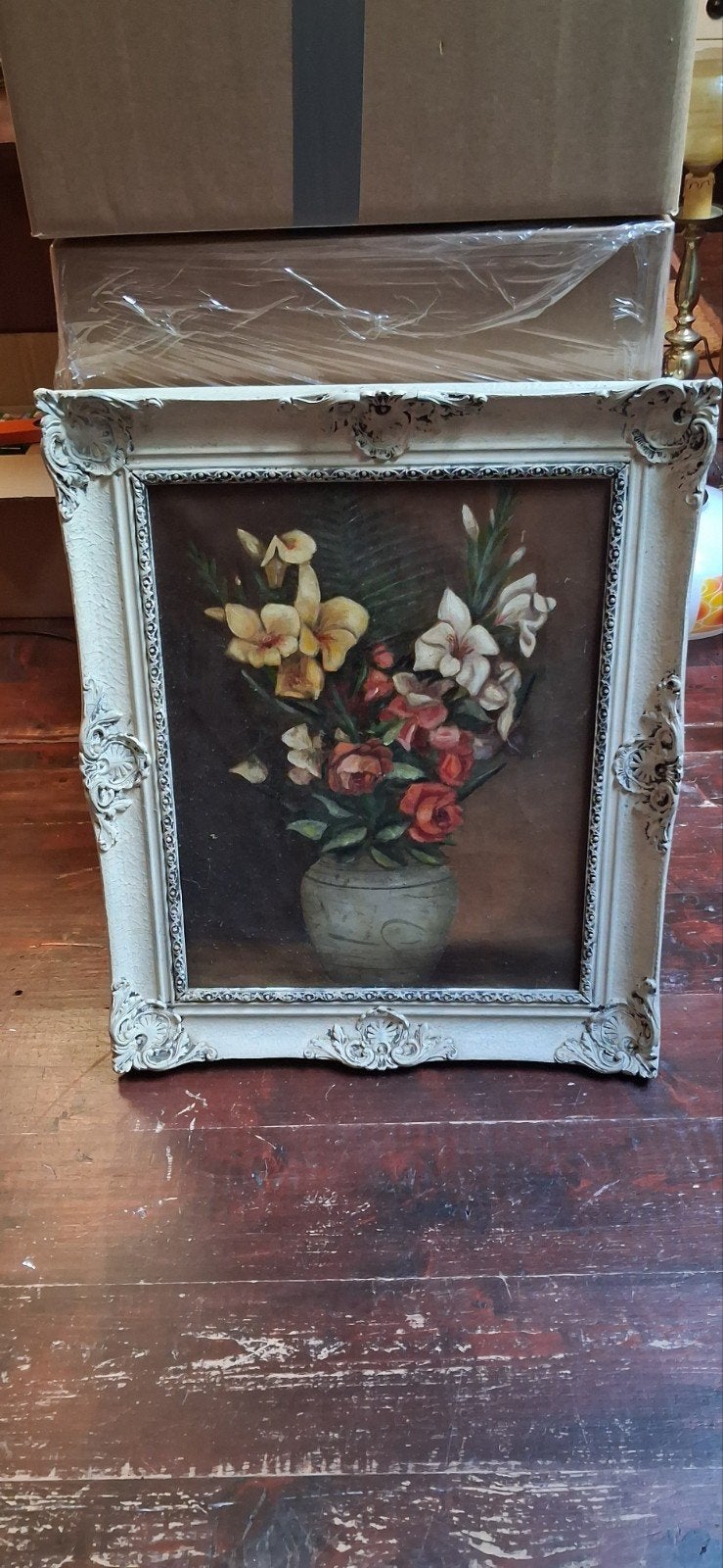 Olieverf op doek: Bloemen in vaas in baroklijst, Bijzondere lijst, Doek, Olieverf, Ophalen