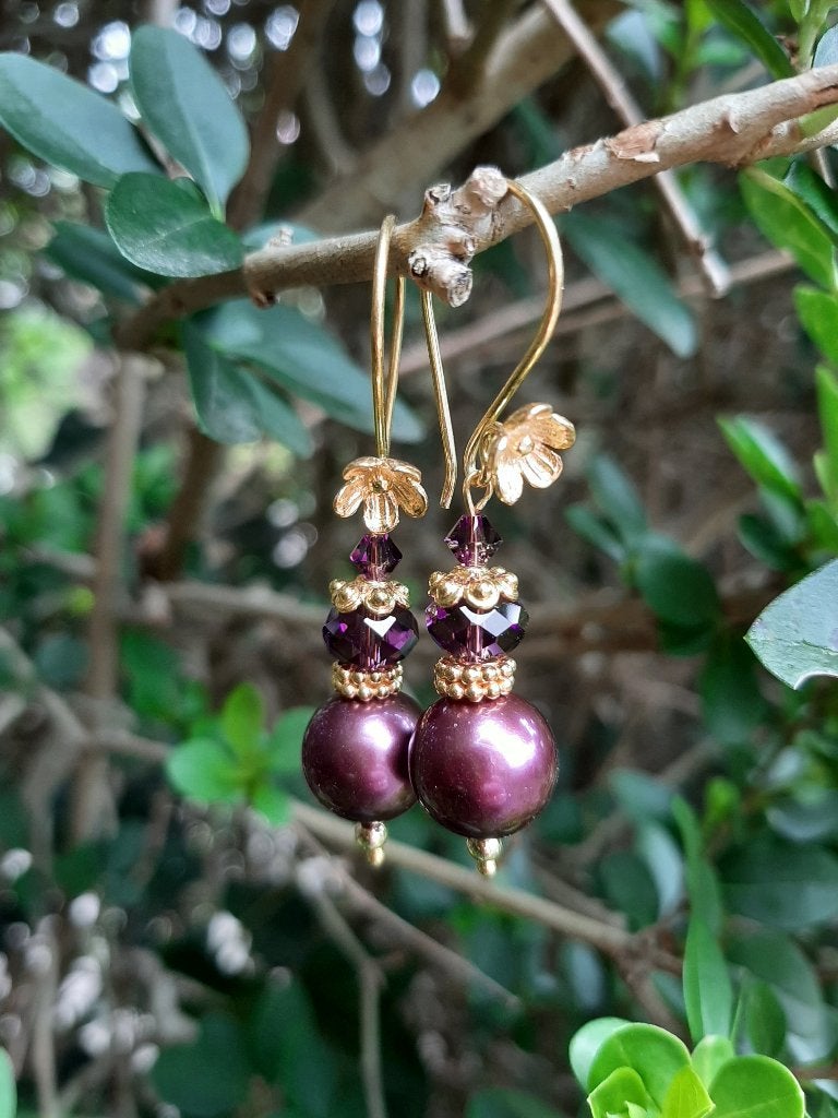 Oorbellen Ameline shellparel-swarovski kristal goud, Sieraden, Tassen en Uiterlijk, Oorbellen, Hangers, Paars, Nieuw, Goud