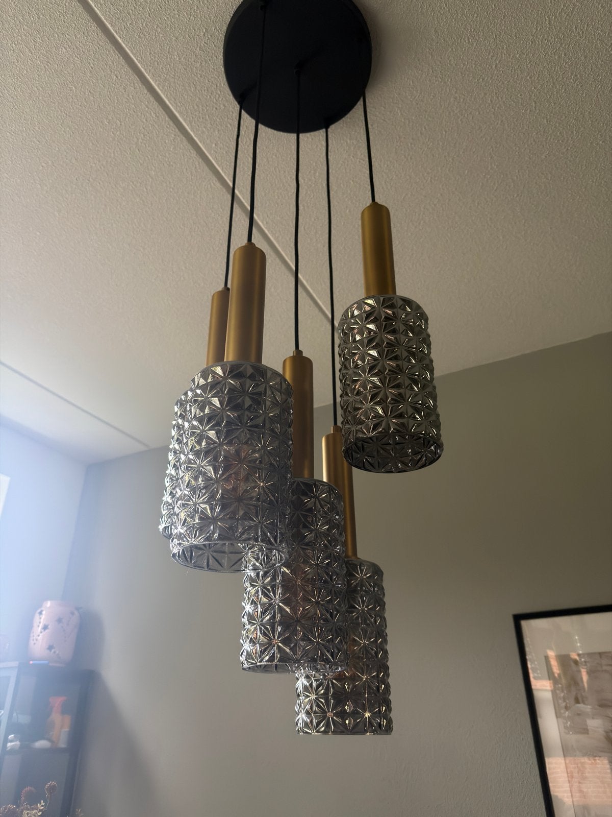 Hanglamp met 5 gekleurde glazen kappen, Ophalen, Gebruikt, Glas