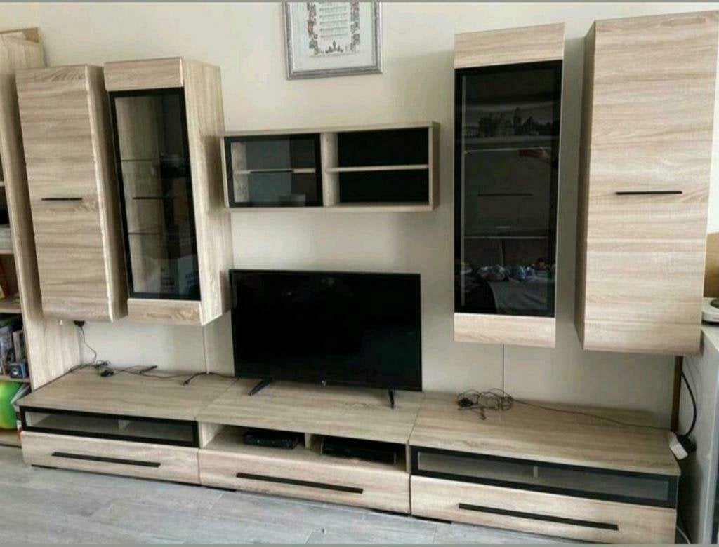 Moderne TV-meubel set met 3 onderkasten en 2 vitrinekasten, Ophalen, Gebruikt, 100 tot 150 cm, Grenenhout