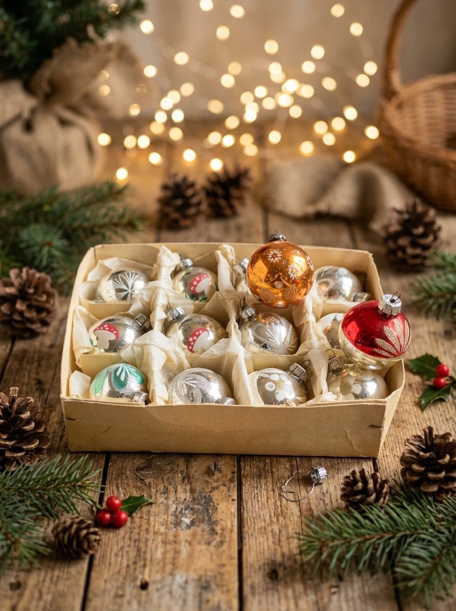 Prachtige vintage doos glazen kerstballen Vliegenzwam, Ophalen, Gebruikt