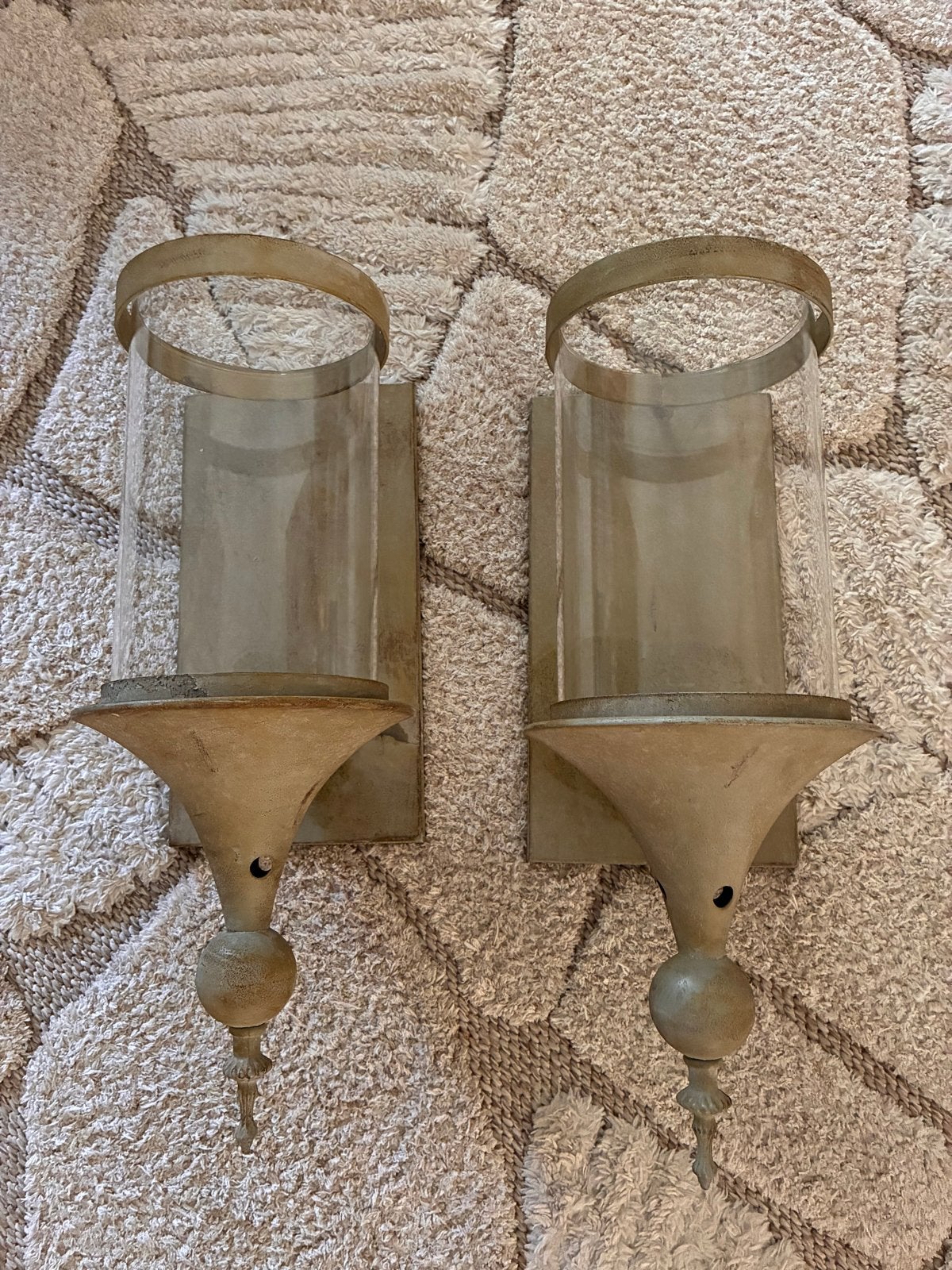 2 Vintage metalen windlichten voor aan de muur - Greige, Ophalen, Windlicht, Gebruikt, Beige
