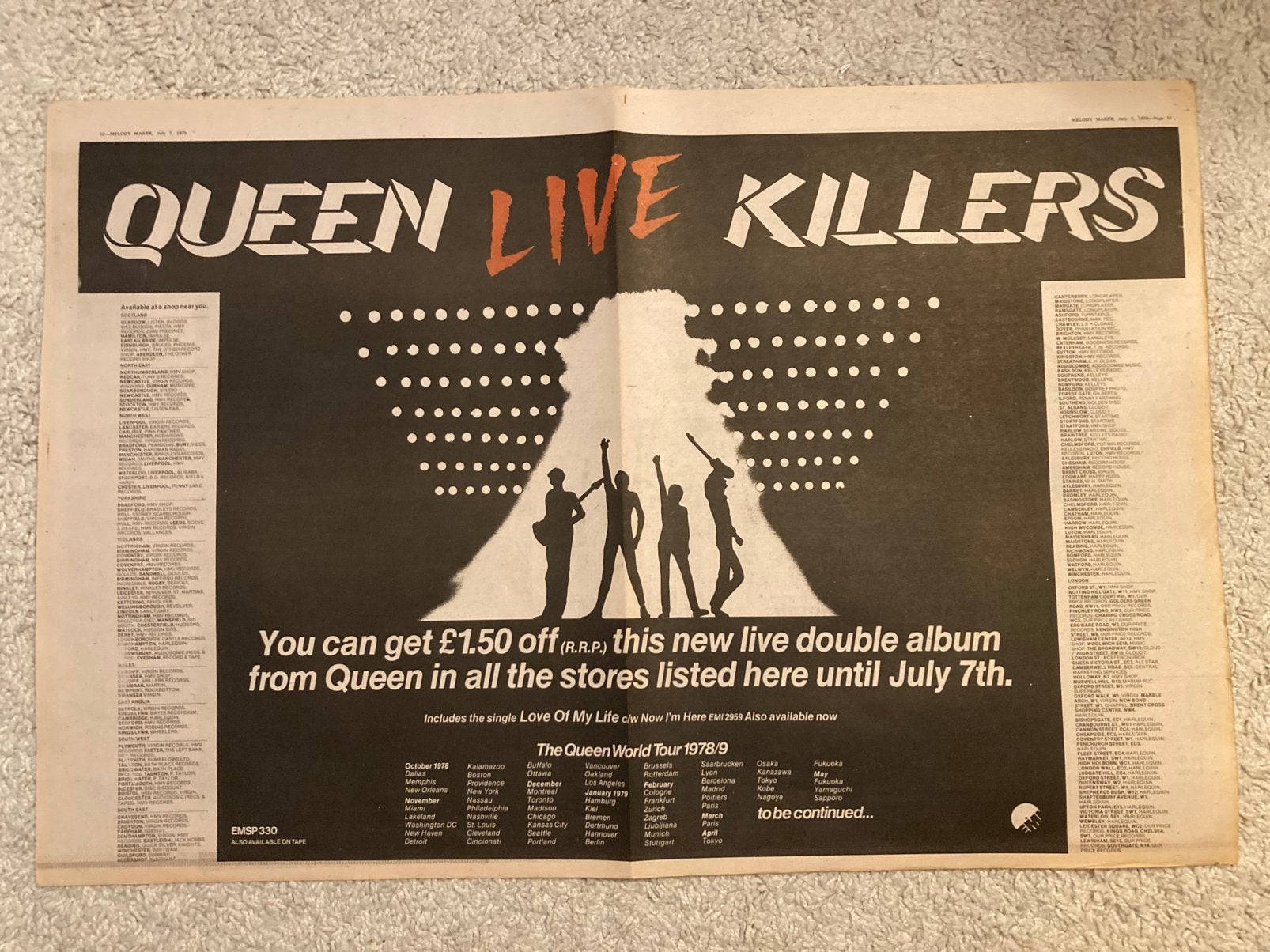 Paginagrote A2 advertentie QUEEN Live Killers tour, Ophalen of Verzenden, Zo goed als nieuw