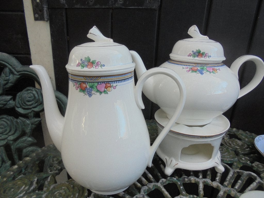 Engelse Koffie- En Theepot op warmhouder fruit afbeelding, Ophalen of Verzenden