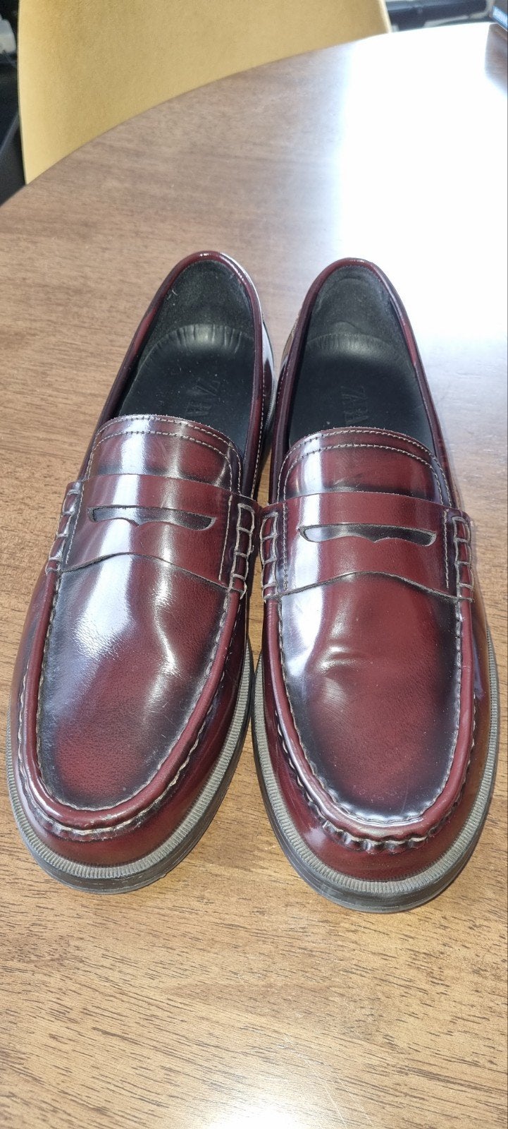 Burgundy Leather Loafers, Zara, Size 43, Overige kleuren, Zara, Zo goed als nieuw, Loafers