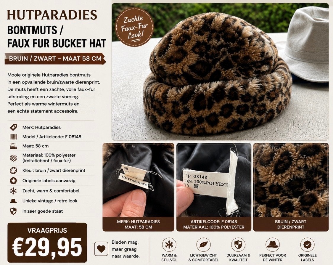 Hutparadies Faux Fur Bucket Hat - Bruin/Zwart Dierenprint, Ophalen, Gedragen, 58 cm (L, 7¼ inch) of meer, Hoed