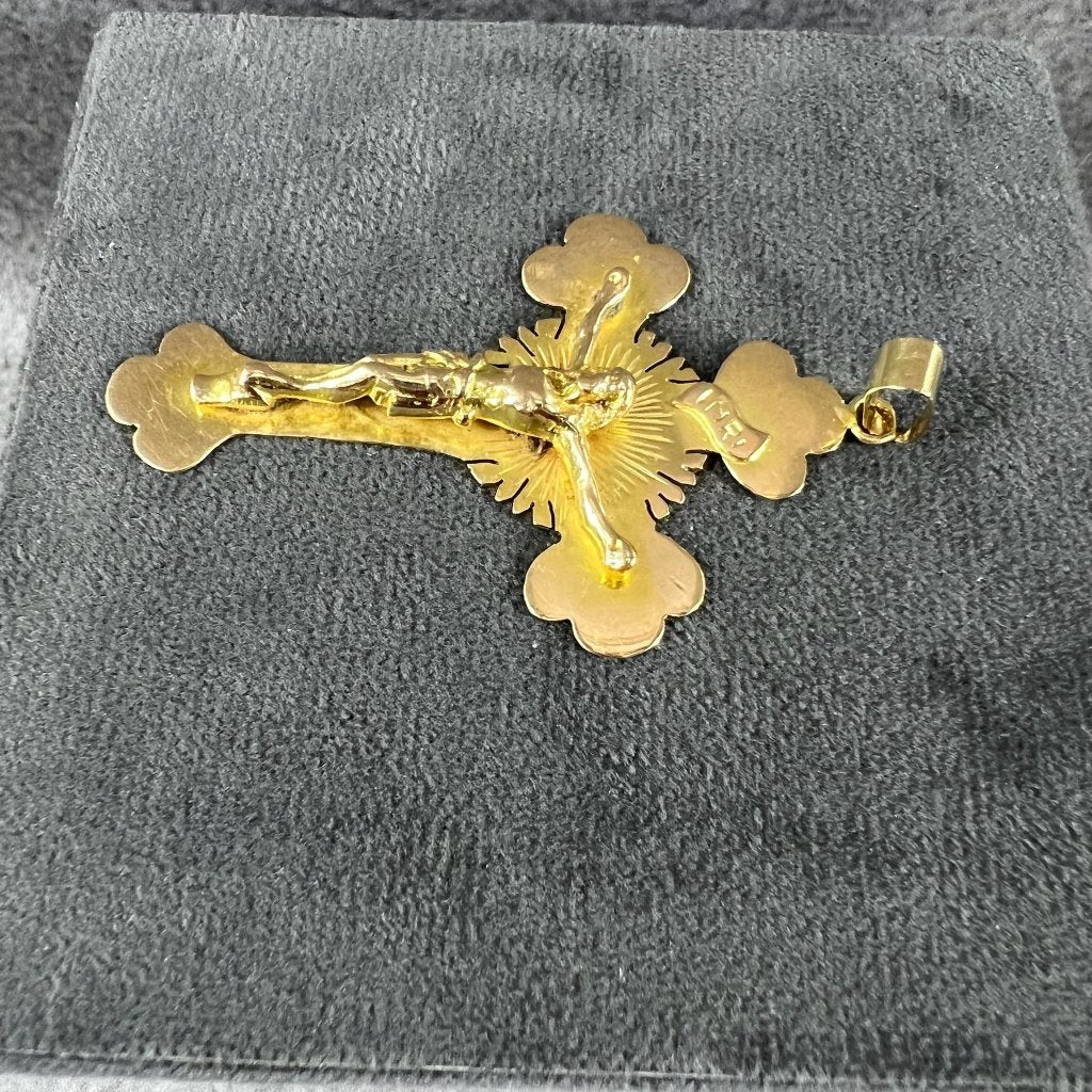 Gouden Hanger | 14k | 15,52g | kruis corpus | 7,4cm | 414883, Gebruikt, Ophalen of Verzenden, Kruis of Symbool, Goud