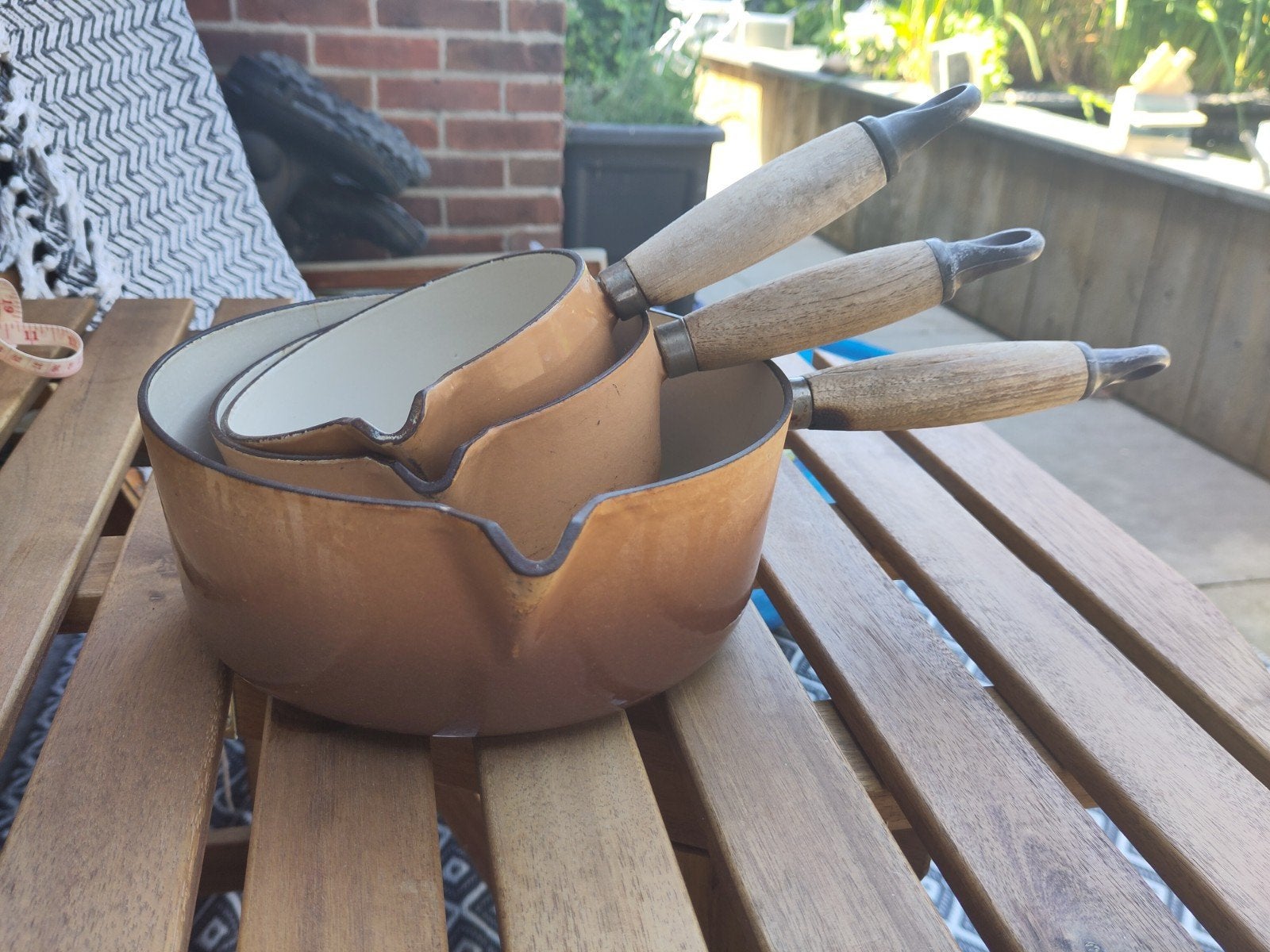 Le Creuset Pannenset - Gietijzeren Pannen met Houten Handvat, Ophalen of Verzenden, Gebruikt, Gietijzer, Pannenset