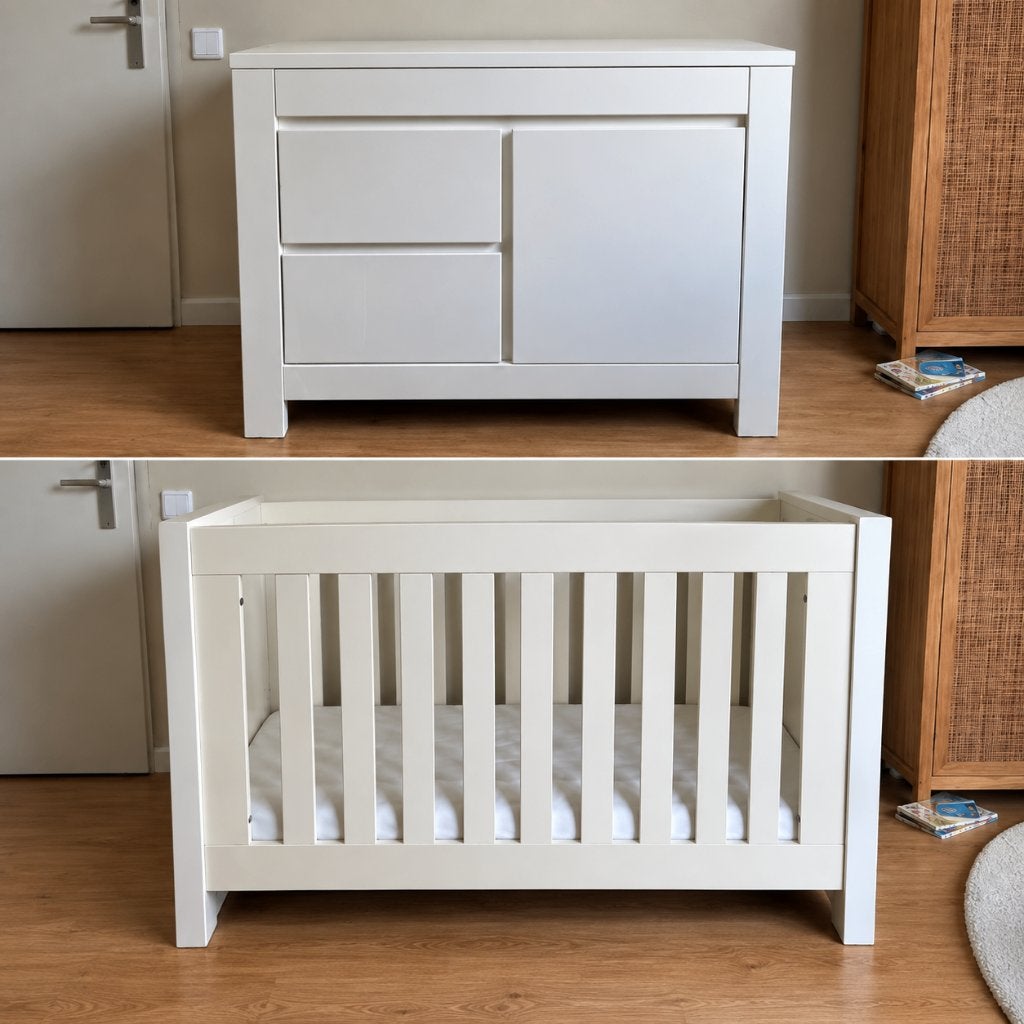 Witte commode & ledikant (inclusief matras) voor Babykamer, Ophalen, Zo goed als nieuw, Jongetje of Meisje