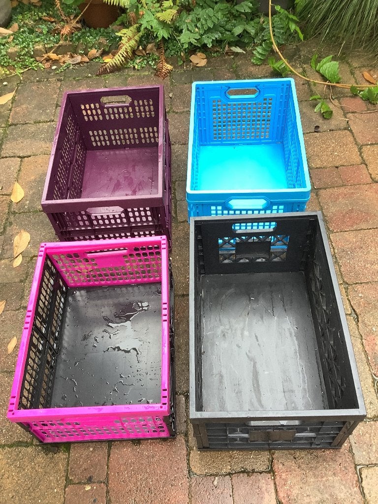 4 inklapbare plastic kratten, vouwkrat boodschappenkrat, 45L, Ophalen, Gebruikt, 40 tot 60 cm, Opvouwbaar