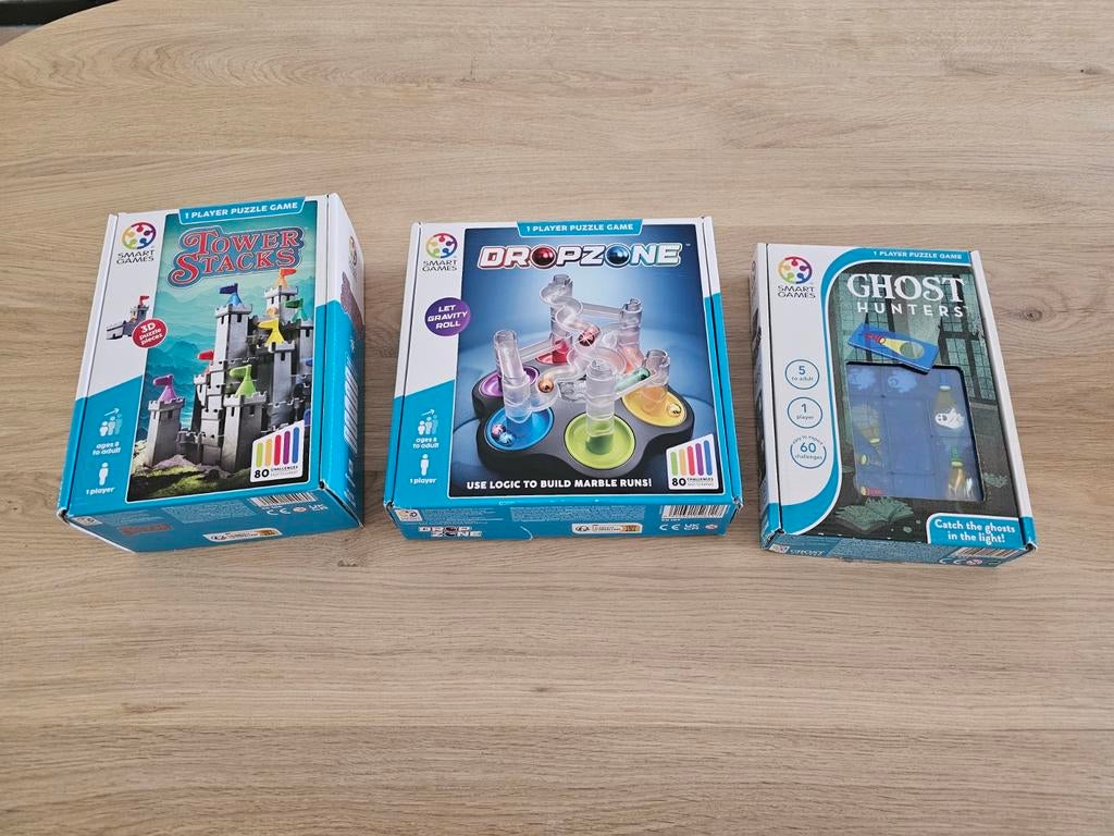 Smart Games: Tower Stacks, Dropzone & Ghost Hunters (3x), Een of twee spelers, Ophalen of Verzenden, Gebruikt, Smart Games