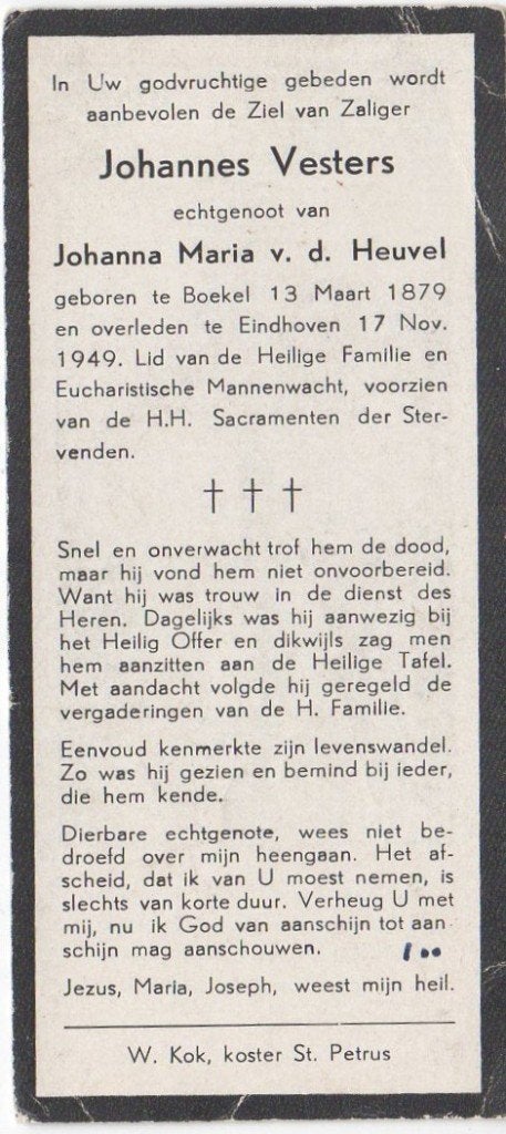 Johannes Vesters 1879 Boekel + 1949 Eindhoven, 70 jaar oud, Verzamelen, Bidprentjes en Rouwkaarten, Verzenden
