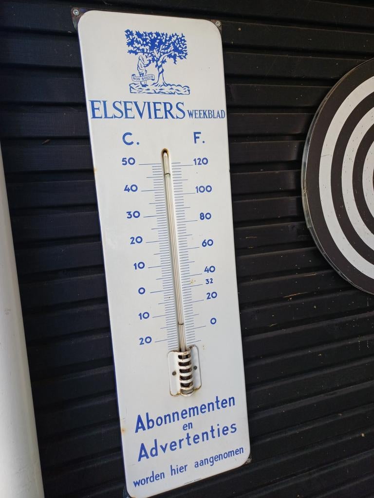 Emaille reclamebord/thermometer Elseviers, Verzenden, Gebruikt, Reclamebord