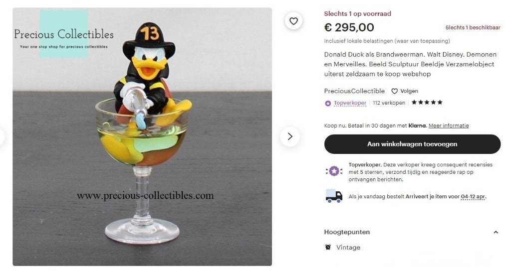 Uniek beeldje, donald duck als brandweerman, prijs € 175, Ophalen of Verzenden, Donald Duck, Nieuw, Beeldje of Figuurtje