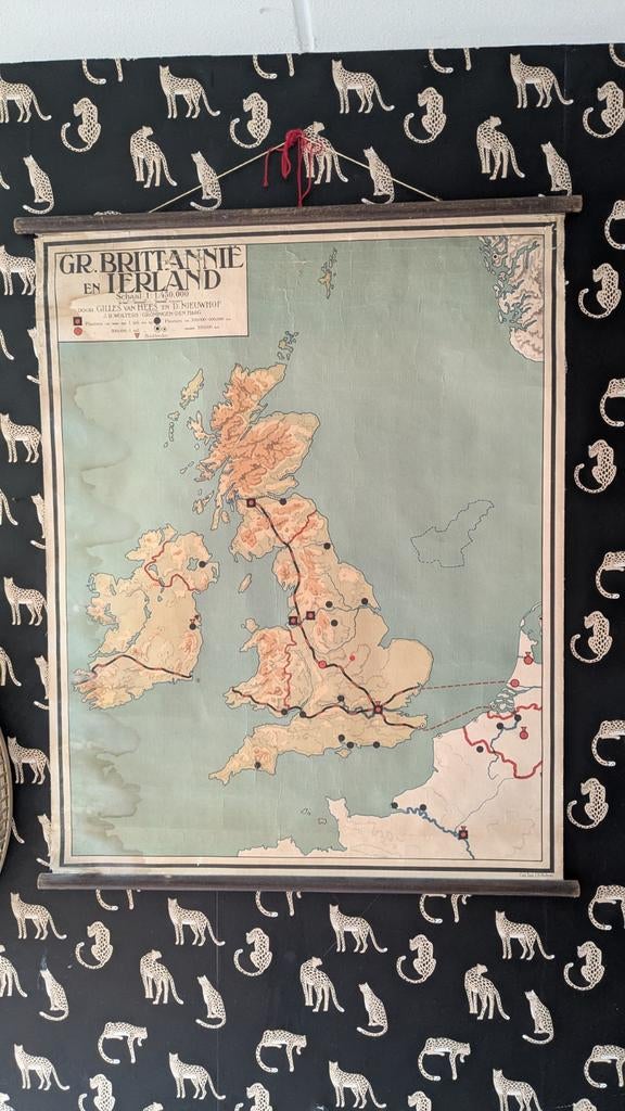 Vintage schoolkaart Groot-Brittannië en Ierland, Boeken, Atlassen en Landkaarten, Verenigd Koninkrijk, Gilles van Hees en D. Nieuwhof