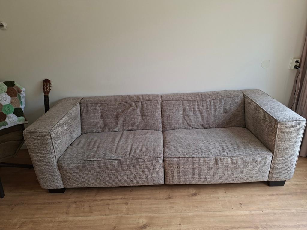 Comfortabele 2-zits bank, beige stof Riviera Maison, Ophalen, Driepersoons, 75 tot 100 cm, Zo goed als nieuw