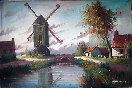 OLIEVERF OP LINNEN * MOOIE MOLEN in de Polder *, Antiek en Kunst, Kunst | Schilderijen | Klassiek, Verzenden