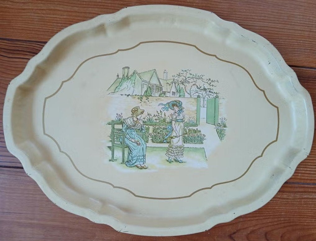 Vintage Engels pastel geel dienblad Kate Greeneway, Ophalen of Verzenden, Gebruikt, Ovaal, Metaal