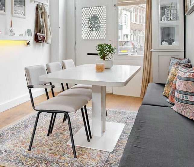 Witte design eettafel met dubbele tafelpoot (180x80 cm), Ophalen, Gebruikt, 50 tot 100 cm, Vijf personen of meer