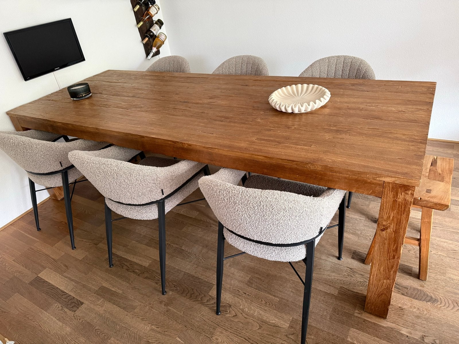 Massief Teakhouten Eettafel en Bijpassend Dressoir, Teakhout, 200 cm of meer, Zo goed als nieuw, Vijf personen of meer