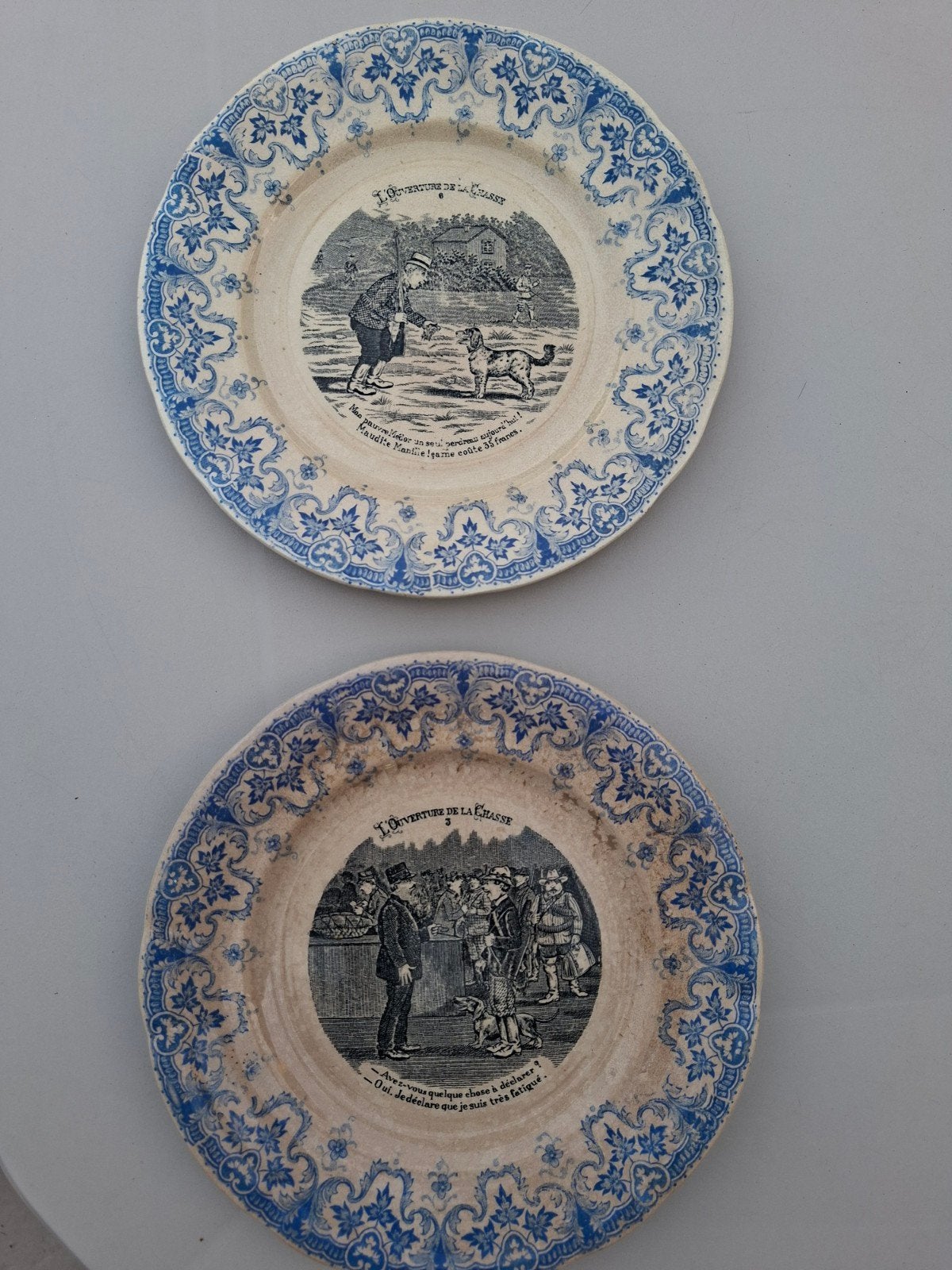 Antieke Franse borden 'L'Ouverture de la Chasse' (2 stuks), Antiek en Kunst, Ophalen of Verzenden