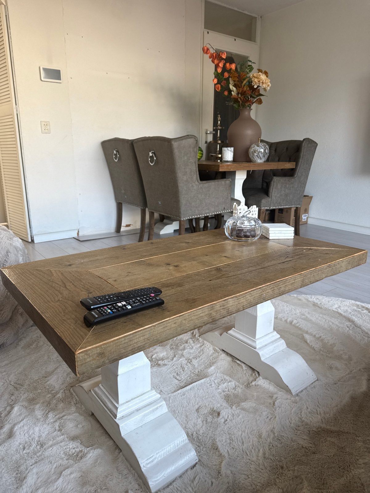 Landelijke Eetkamerset, Eet- en Salontafel, 4 Luxe Stoelen, Ophalen, 100 tot 150 cm, 50 tot 100 cm, Zo goed als nieuw