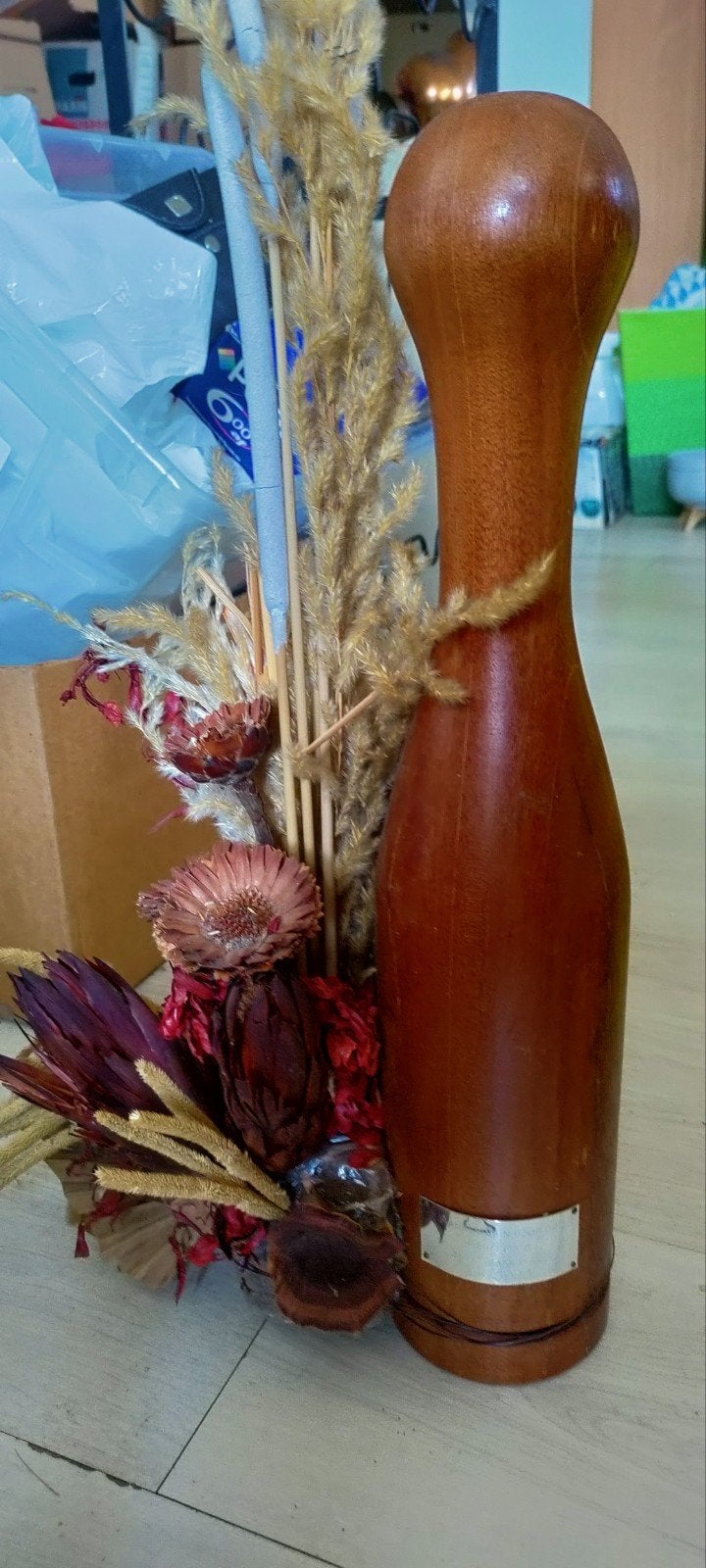 Oude houten kegel met herinneringsplaatje, Ophalen of Verzenden
