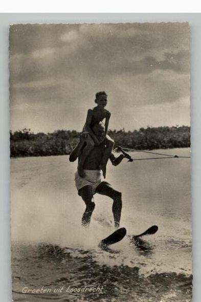 Loosdrecht 2 kaarten Vader&Zoon op waterskiën st1958+1960, Ophalen of Verzenden, 1940 tot 1960, Gelopen, Noord-Holland