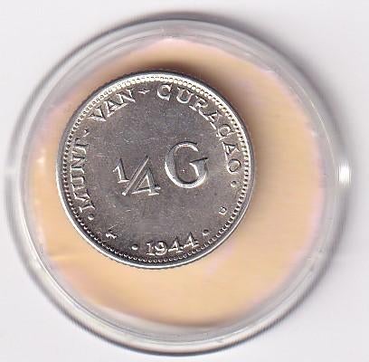 Curacao 1/4 Gulden 1944 PD Zeer Fraai, 1 gulden, Verzenden, Zilver, Koningin Wilhelmina