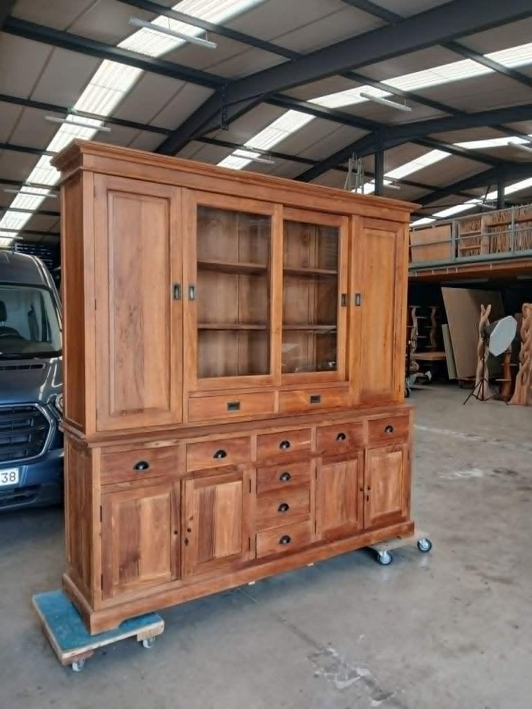 XXL Massieve Teak Buffetkast / Vitrinekast 232 cm, Ophalen, Gebruikt, Met deur(en), 200 cm of meer