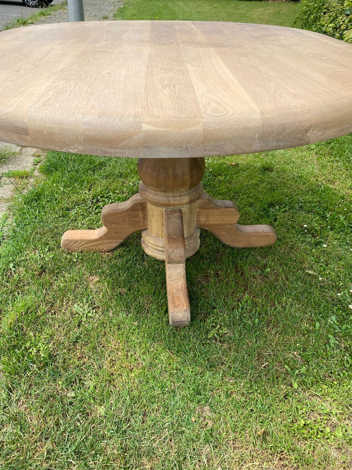 Massief Eiken ovale Eettafel met Kolompoot, Ophalen, Gebruikt, 100 tot 150 cm, Eikenhout