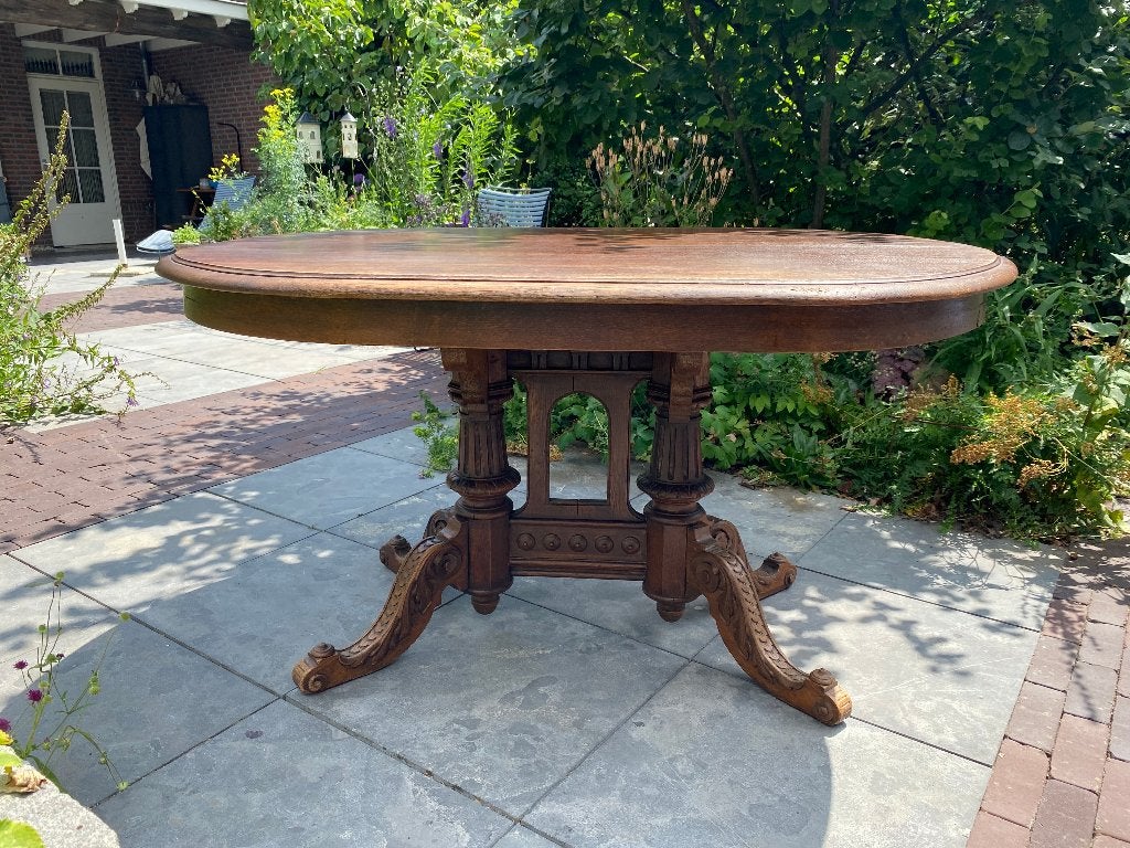 Antieke Eiken Eettafel Tafel Handgesneden Onderstel (ca1880), Antiek en Kunst, Ophalen