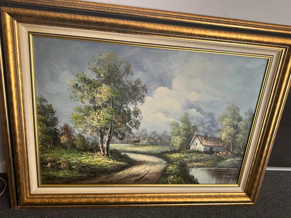 Schilderij K. Wouters - Landelijk tafereel met boerderij, Antiek en Kunst, Kunst | Schilderijen | Klassiek, Ophalen